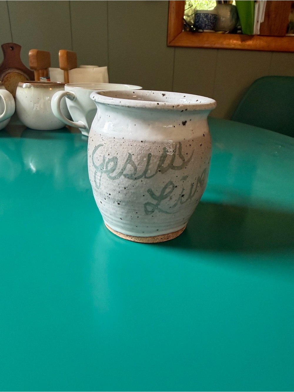 Hand Crafted White Ceramic Jar with Sage Script “Jesus lives”